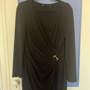 Anne Klein knee length Faux Wrap Dress with gold buckle EUC size 14 black